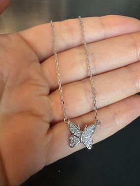 Brand New Sterling Delicate Silver Butterfly Necklace with Clear Crystal Accents